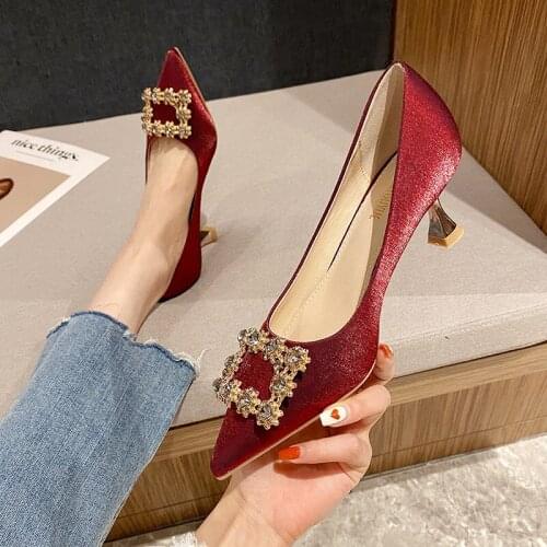 2021 Fashion Buckle Pumps Women Boat Shoes Brand Ladies High Heel Quality Women Single Shoes Wedding Dress Shoe Size 34-41