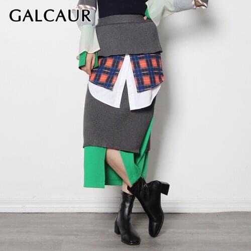 GALCAUR Designer Skirt For Women High Waist Patchwork Hit Color Plaid Split A Line Loose Mid Skirts Female 2021 Autumn Clothing