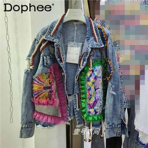 Womens Demin Coats 2021 Spring New Heavy Industry Ripped Diamond-Embedded Patch Lace Contrast Color Jean Jacket for Women