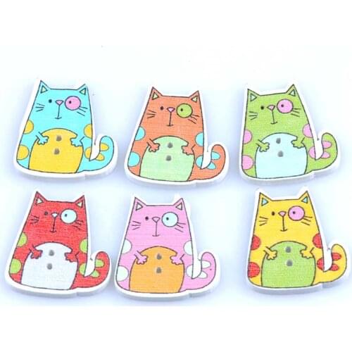 2017 mixed 6colors cat Painted Colorful Wooden Buttons Scrapbooking Decorative Craft 2 Holes Sewing Supplies 22x25mm 50pcsMT1526