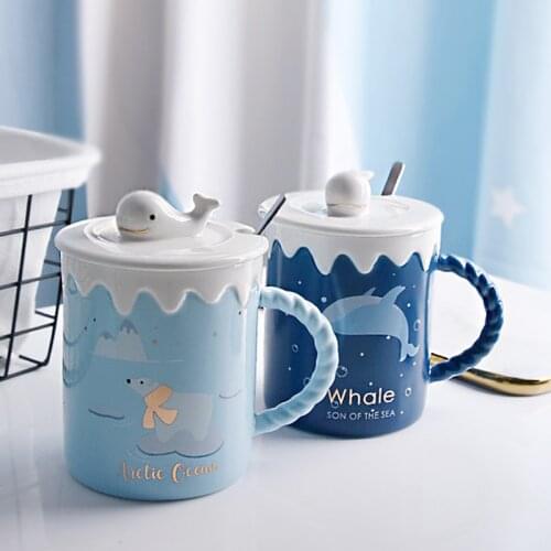 400ml Japanese Whale Mugs Cartoon Simple Ceramic Water Bottle with Lid and Spoon Lovely Sea Animal Breakfast Milk Coffee Cup