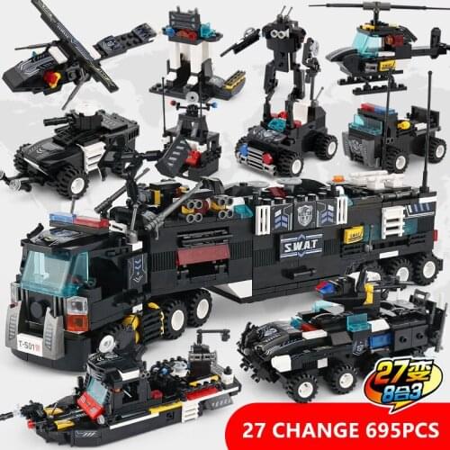 695Pcs City SWAT Police Truck Building Blocks Sets Kit Ship Helicopter Vehicle Brinquedos Bricks Educational Toys for Children
