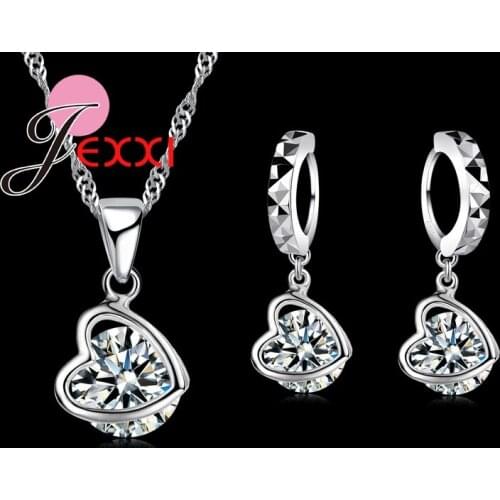 Charms Top Qualtiy 925 Sterling Silver Chain Hollow Heart Crystal Earring Necklace Wedding Jewelry Sets Bride Accessories