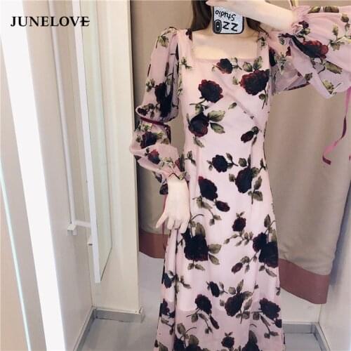 JuneLove 2020spring women print floral midi dress vintage lady lantern sleeve a-line dress female square collar beach Vestidos