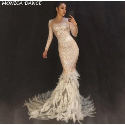 Sparkly AB Rhinestones Feather Long Dress Glisten Full Stones Big Floor Tail Dress Costume Prom Birthday Celebrate Dresses