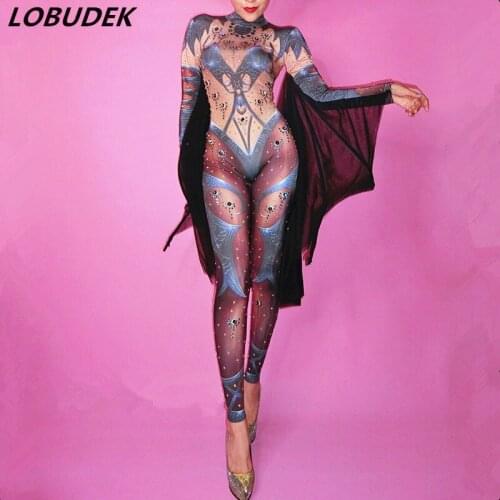 Sparkly Crystals Stretch Skinny Jumpsuit Wing Bodysuit Halloween Nightclub Female Role Playing Costume Show Stage Performance