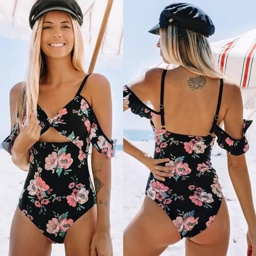 Black Floral Cold Shoulder One-Piece Swimsuit Women Sexy Cut Out Backless Monokini 2020 Girls Beach Bathing Suit Swimwear Brazil