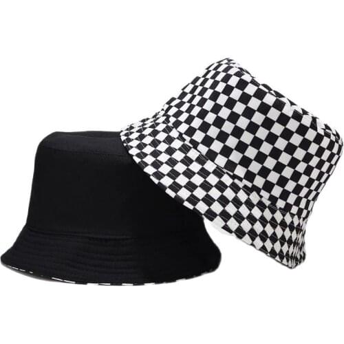 New double sided Harajuku black and white lattice fisherman hat ladies all match casual sun hat male street hip hop bucket hat