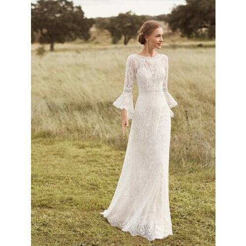 Elegant Boho Long Sleeve Wedding Dresses Lace Sheath Outdoor Beach Backless Plus Size Bride Gowns Country Style Custom Made 2021