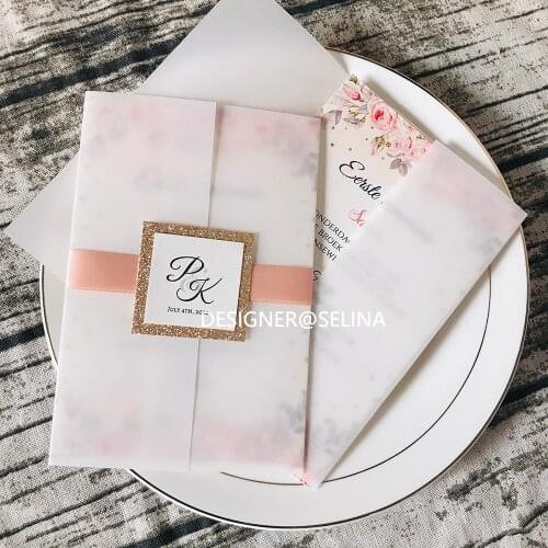 50pc Elegant Printable Vellum Wedding Invitations with Rose Gold Glitter Tag, Customized Tracing Jacket for Engagement Invites