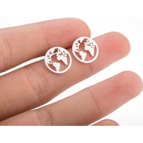 Hfarich Pendientes Circle Punk Steel Color World Map Ear Studs Stainless Charm Earth Map Earrings Accessories for Men Women