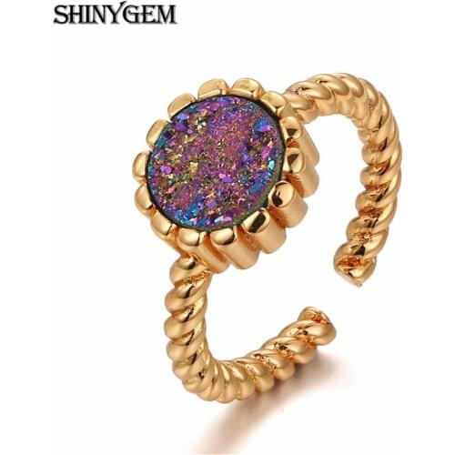 ShinyGem Classic Sunflowers Gold Plating Rings Adjustable Inlaid 8mm Natural Crystal Druzy Stone Rings For Women Wedding Gift
