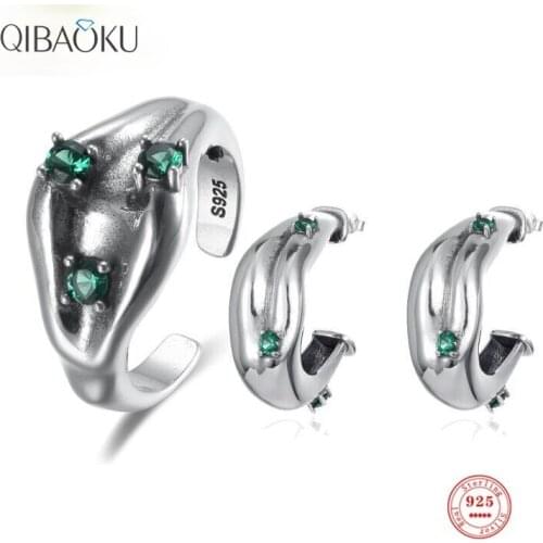 Sterling Silver 925 Oxidation Opening Ring Set for Women Green Zircon Stylish Luxury Personality Fine Jewelry Large Earrings
