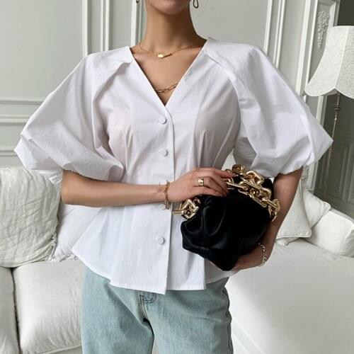 Korean Chic Backless Slim Tops Summer Vintage V-neck White Blouse Women Single-Breasted Puff Sleeve Shirt Woman Blusas New 14813