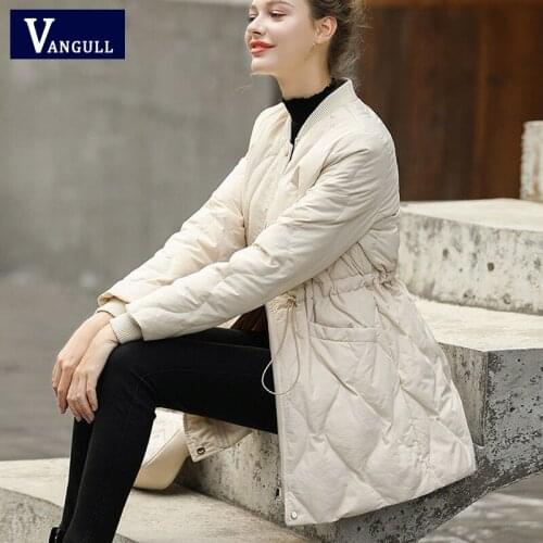 Vangull Drawstring Mid-Length Women Jacket Winter New Lightweight Female Parkas Coat O-Neck Long Sleeve Zipper Pocket Outwear