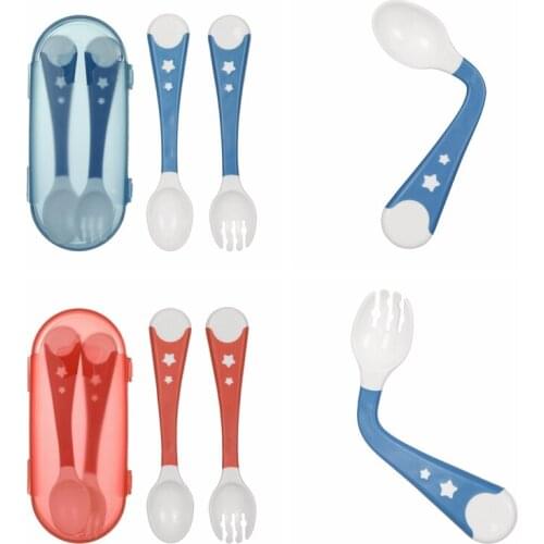 Children Feeding Training Spoon Travel Safe Case Toddler Babies Easy Grip Heat-Resistant Feeding Spoon Fork Set Baby Utensils