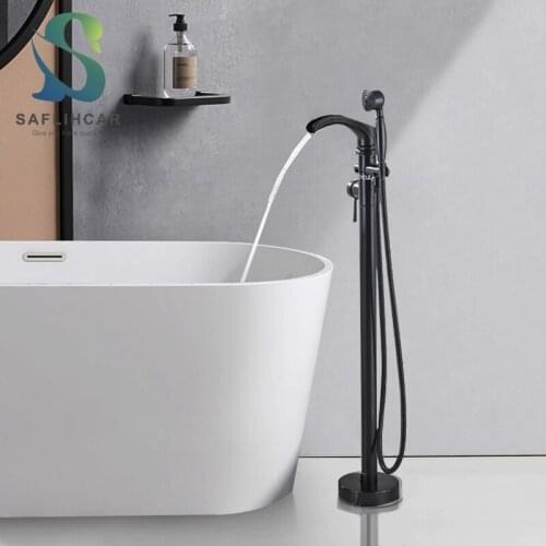 Matte Black Bathroom Brass Bathtub Faucet Fashion Waterfall Gentle Effluent Floor Mounted Hot Cold Water Tub Mixer Taps