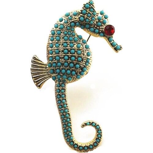 New European and American style alloy seahorse inlaid with blue beads animal fashion personality brooch