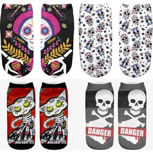New Women Skull 3D Printed Halloween Socks Funny Skeleton Cat Socks Bone Horror Scary Sox Cosplay Party Gift Short Socks