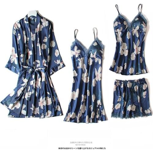 Pajamas Set Satin Floral Print Sleepwear Women Loose Casual Bathrobe Gown Sexy Lace Pijamas 4PCS Suit Sleep Set