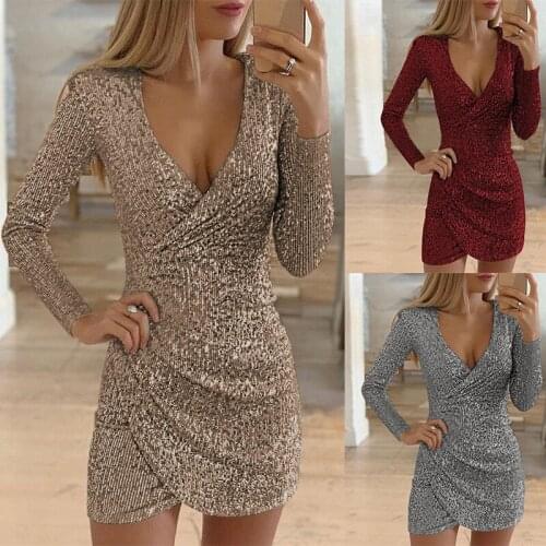 Sexy Dress Silver Glitter Dresses for Women Deep V-Neck Sequin Mini Bodycon Dress Autumn Winter Long Sleeve Party Dress WL27