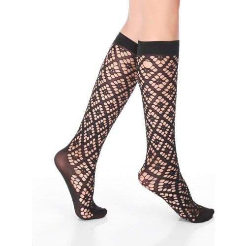 Sexy Women Stockings Black Fishnet Socks Vintage Pattern Crochet Lace Stockings Women Lingerie Nylon Thigh High Stockings Female