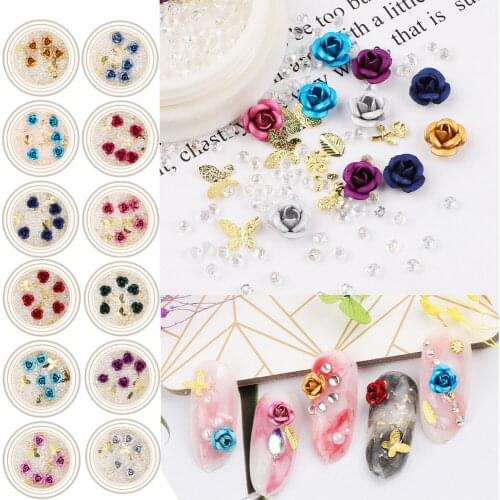 Blue Purple Rose Flower Mixed Crystal Diamond Nail Art Set Valentines Day Style Rose Flower Decoration Nail Art Accessories