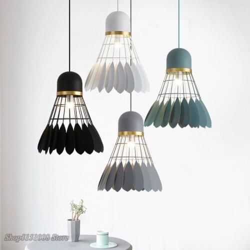 Modern Badminton Pendant Lights Iron Simulation Feathers Lamp Home Deco Macaron Pendant Lamp for Living Room Kitchen Fixture E27