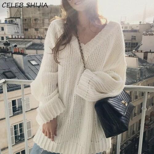 White V-neck Vintage Sweaters Woman Oversized Oversized Knitted Sweater Female Autumn Lazy Style Knitted Pullovers Winter