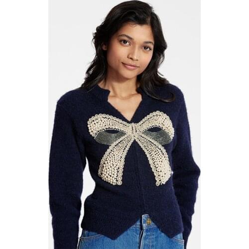 Y2K Knitted Sweater Pearls Bows Appliques Pullovers Black Sweater Girls Sweet Long Sleeve V neck Jumper Autumn Streetwear