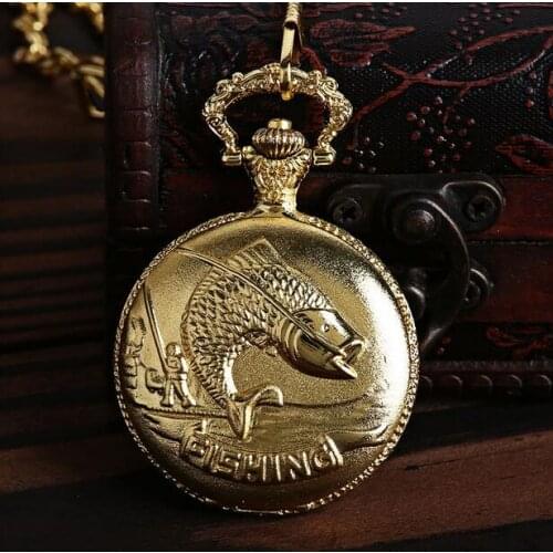 Vintage golden Fashion quartz Golden carp pattern Flip clock cowboy chain men steampunk pocket watches