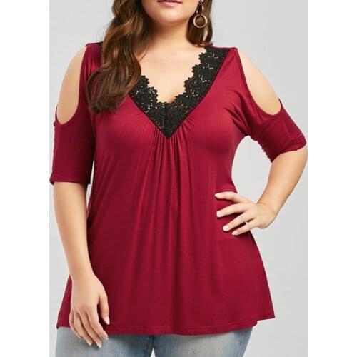 2021 Summer Women Lace V Neck Cold Shoulder Elegant Blouse Plus Size Female Short Sleeve Big Size Ladies Tops