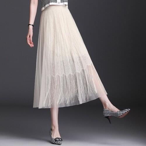 Lace Fringed Mesh Pleated Half-length Skirt 2021 Women Korean Elegant High Waist Mid-length A-line Skirts Streetwear Female