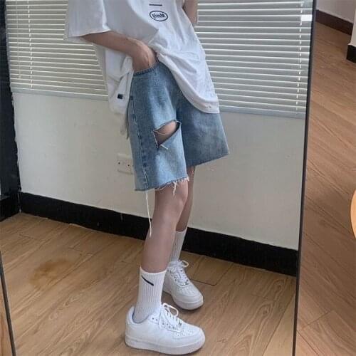 Bella Philosophy Wonder 2021 Retro Denim Holes Design Chic Harajuku Couple Short Trouser Casual Popular High Street Korean short