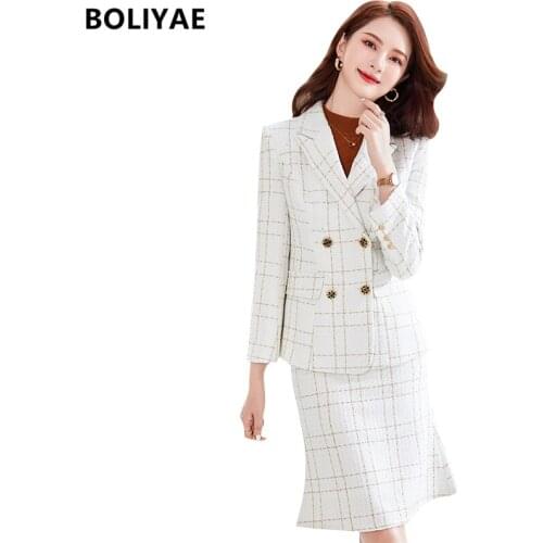 Boliyae Suits with Skirt Women Autumn and Winter Fashion Plaid Blazer Double Breasted Casual Long Sleeve Jacket Female Tops Coat
