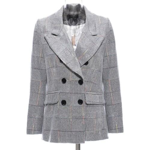 Women Sequin Plaid Blazer Double Breasted Long Blazer Coat Women High Street 2021