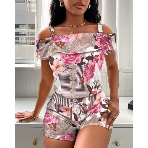 2021 Summer Casual Cold Shoulder Floral Print Short Sleeve Top Daily Wear High Waist Bodycon Drawstring Two Piece Set Women