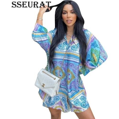 SSEURAT Women Shirts Print Full Sleeve Turn-down Collar Single Breasted Loose Long Shirts Dress Fashion Streetwear Summer