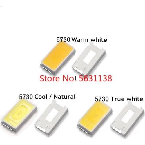 100PCS 5730 WHITE LED 0.5W 50-55LM 150mA 2.8-3V TRUE WHITE 6000-7000K / NATURAL 4000-5000K / WARM 2800-3200K / COOL 9000-13000K