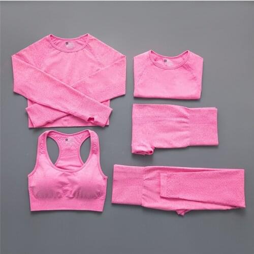 5Pcs/Set Women Seamless Yoga Set Workout Sportswear Gym Clothing Fitness Crop Top High Waist Leggings Sports Suits New Color