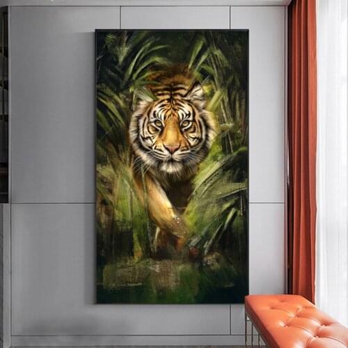 Canvas Animals Abstract Oil Paintings Tiger in the Nature Grass Landscape Poster Living Room Wall Decor Nordic Modern Art Print