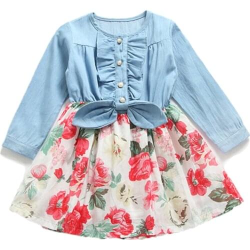 Children Girls Clothing Baby Girls Denim Ruched Long Sleeve T-Shirt Tops Blouse Clothing Solid O-Neck Girls Cute Denim Dress