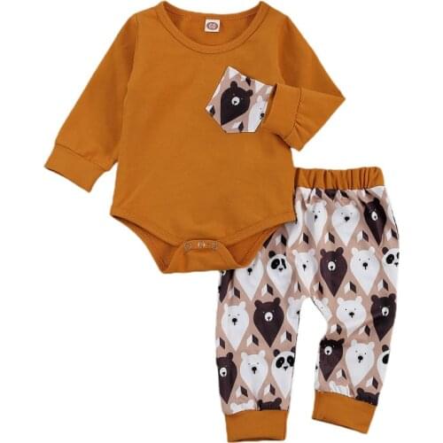 Children Clothes Kids Baby Girl Boy Long Sleeve Solid Color Top Pocket Cartoon Pants 2Pcs Outfits Infant Clothing