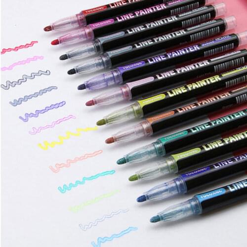 12 Colors Double Line Pen Marker Pen Glitter for Drawing Painting Doodling Metallic Color Outline Out line School Art Supplies