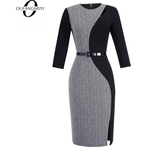 Contrast Patchwork Keyhole Sash Work Office Lady Fashion Round Neck Split Slim Business Dress EB478