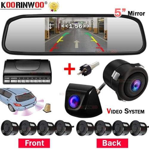 Koorinwoo 4IN1 5 Inch LCD Car Monitor Bumper Video Parking Sensors 8 Front + Back up Camera Backlight System Blind Spot Security