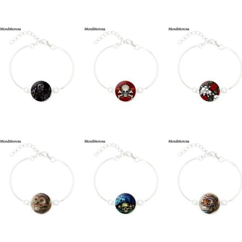 Mendittorosa Skull Cheap Fashion Jewelry Black Leather Bracelet Bangle Glass Cabochon For Women
