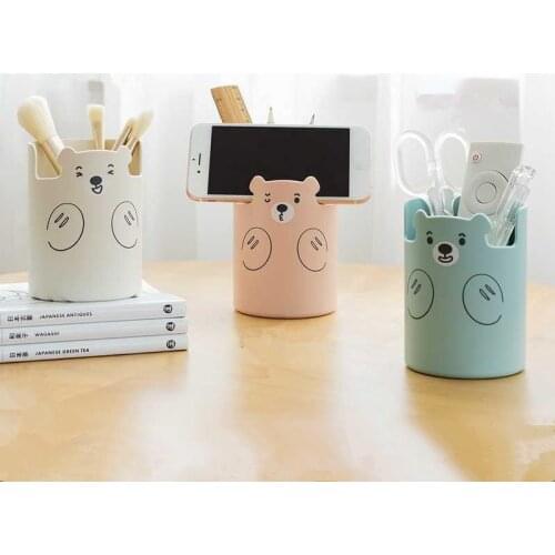 Multifunctional Plastic Bear Pen Holder Desk Organizer Phone Makeup Brush Holder Stand Cute Stationery Desktop Storage Organizer