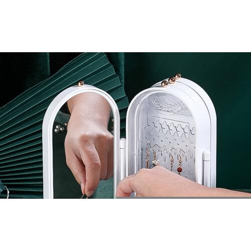Jewelry Storage Box Earrings Display Stand Bracelet Necklace Organizer Foldable Portable Plastic Box 4 Doors Screen White Green