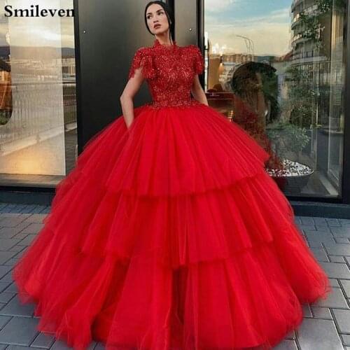Smileven Arab Prom Dress Ball Gowns Tiered High Neck Puff Tulle Long Prom Gown Cap Sleeves Evening Party Dresses Custom Made